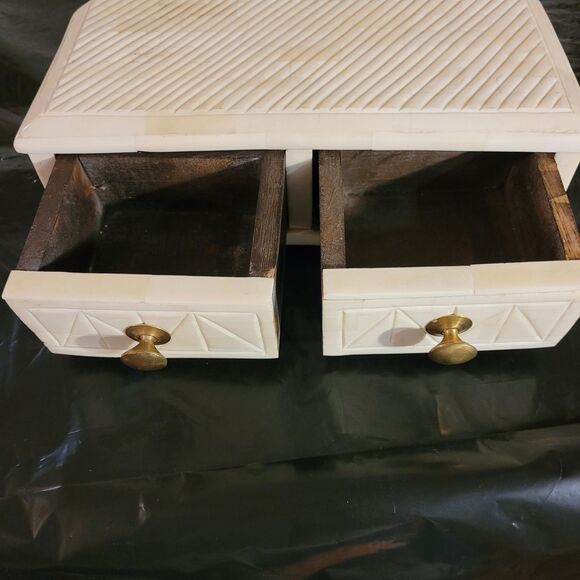 White Ivory Look Inlay On Wood Trinket Box Handmade 2 Drawers - Picture 2 of 10